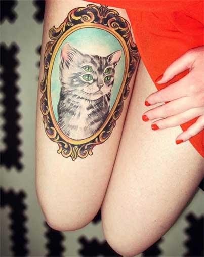 Green Eyes Cat in Frame Tattoo On Girl Right Thigh