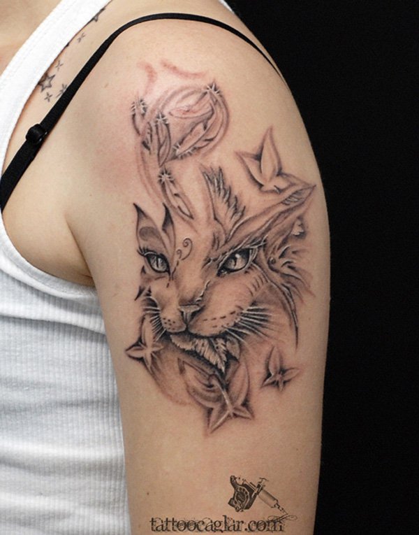Grey Butterflies And Cat Head Tattoo On Left Shoulder