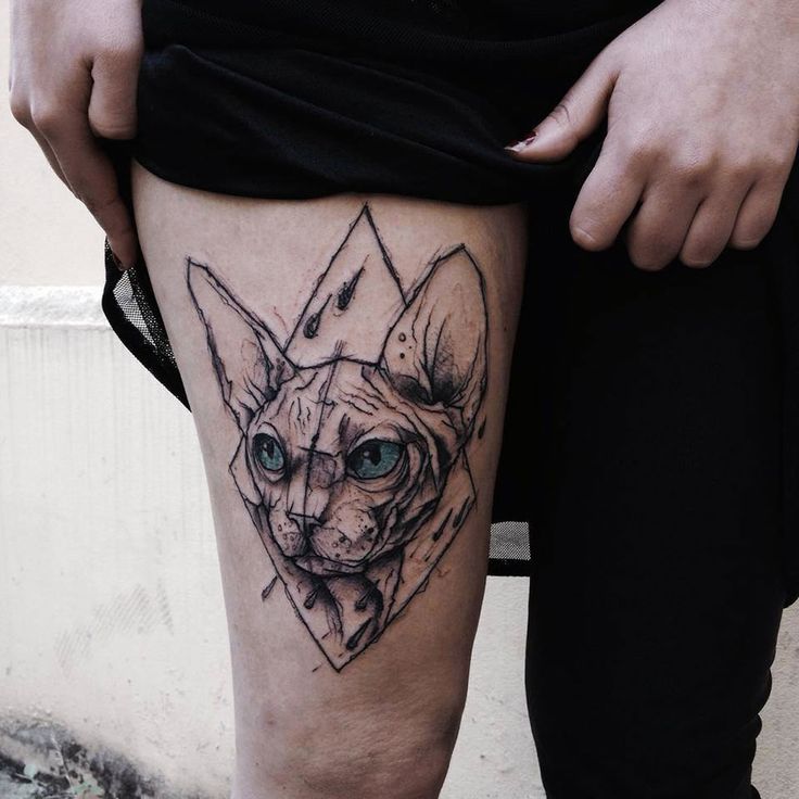Grey Cat Tattoo On Right Thigh