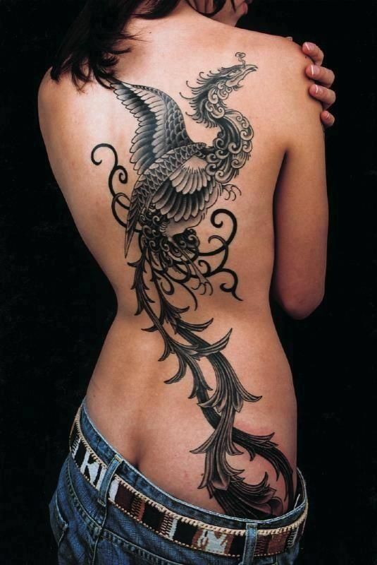 Grey Dragon Phoenix Tattoo On Girl Full Body