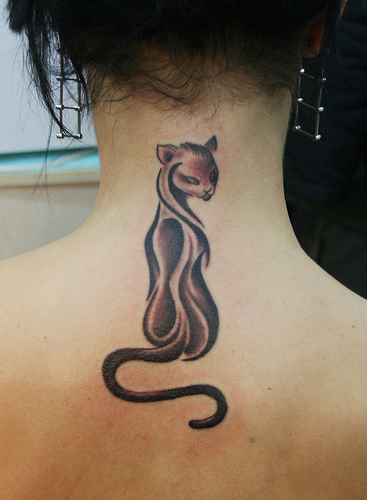Grey Ink Black Cat Tattoo On Girl Upper Back