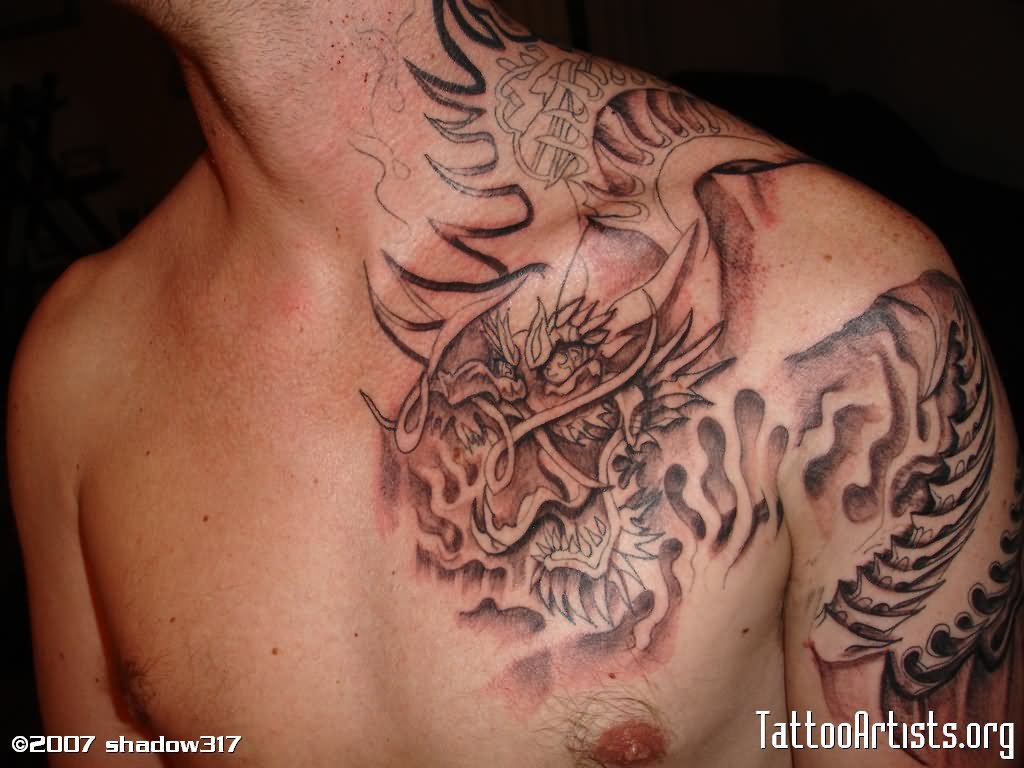 Grey Ink Dragon Tattoo On Full Body For Men