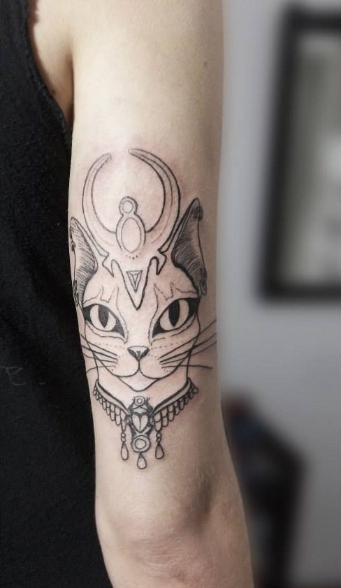 Grey Ink Egyptian Cat Tattoo On Bicep
