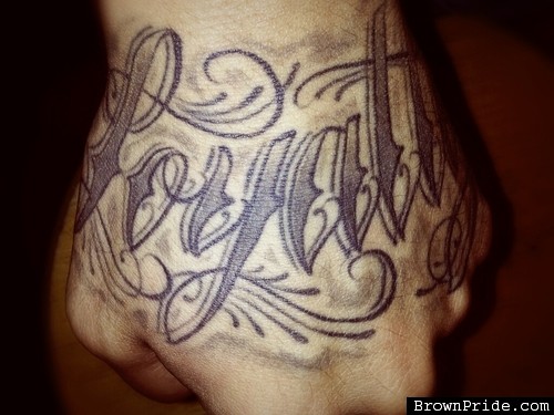 Grey Ink Loyalty Tattoo On Left Hand