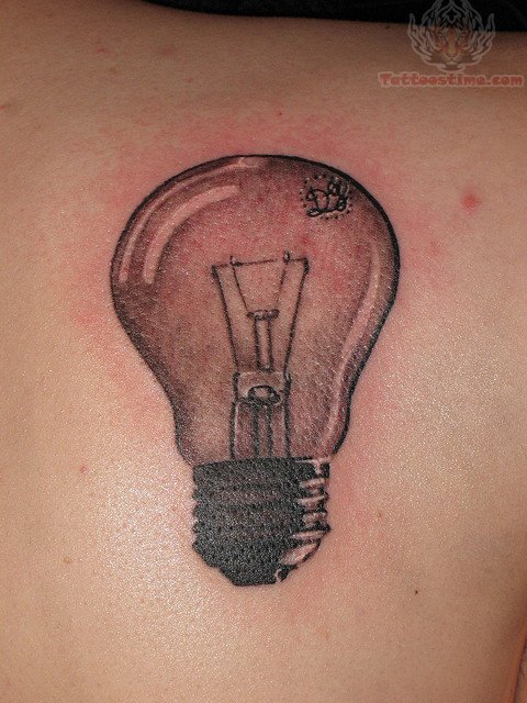 Grey Light Bulb Tattoo On Right Back Shoulder