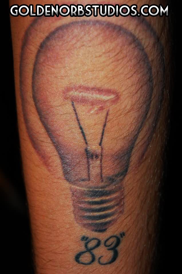 Grey Lightbulb Tattoo On Leg