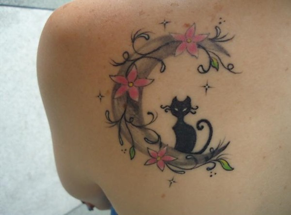 Grey Moon And Black Cat Tattoo On Left Back Shoulder