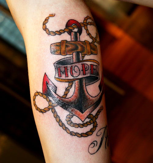 Hope Banner And Anchor Tattoo On Sleeve