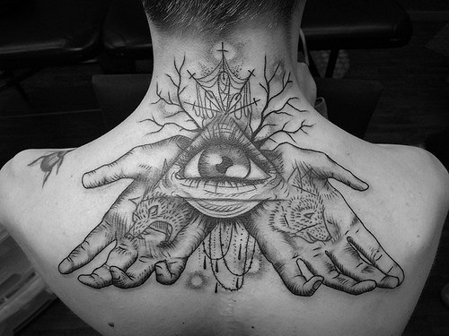 Illuminati Eye Black And White Tattoo On Upper Back
