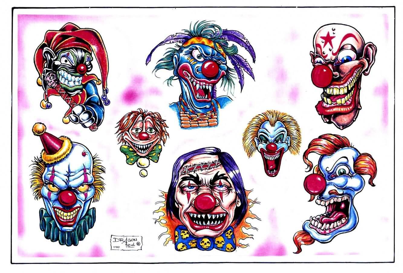 Impressive Colorful Clown Head Tattoo Flash