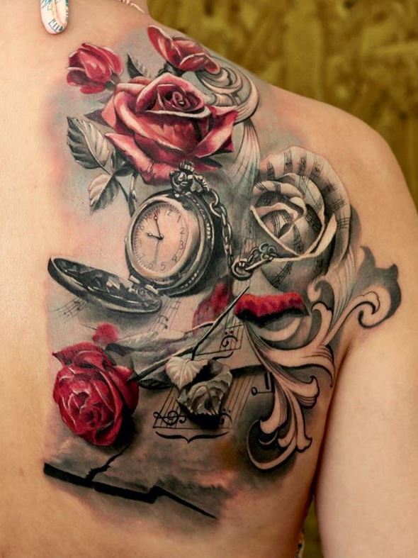 Impressive Pocket Watch With Red Roses Tattoo On Right Back Shoulder