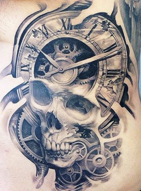 Impressive Watch Head Skull Tattoo Design
