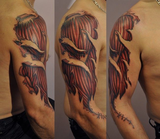 Inspiring Ripped Skin Muscle Tattoo Design For Right Half Sleeve