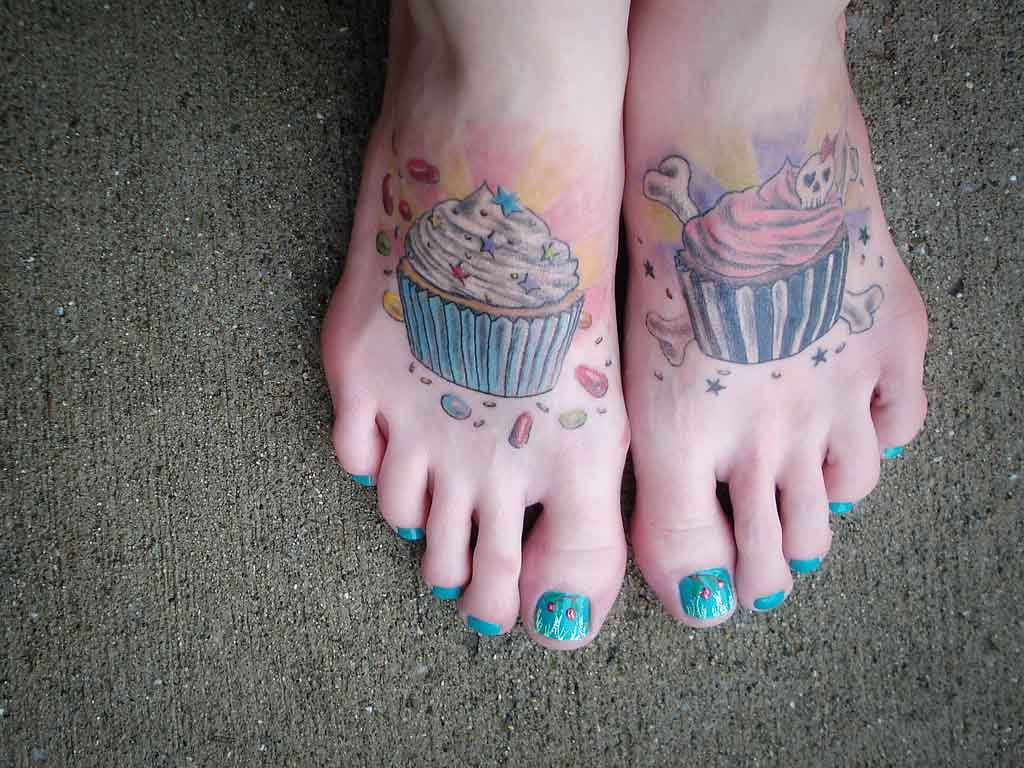 Inspiring Two Cupcakes Tattoo On Girl Feet