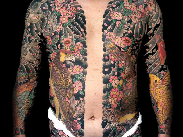 Japanese Flowers And Dragon Tattoo On Man Full Body