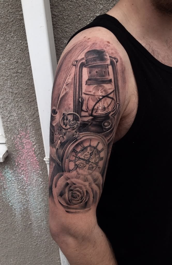 Lantern With Pocket Watch And Rose Tattoo On Man Right Half Sleeve