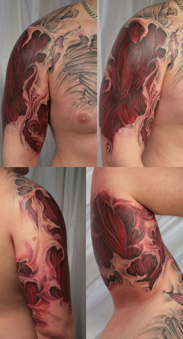 Latest Ripped Skin Muscle Tattoo On Man Right Half Sleeve