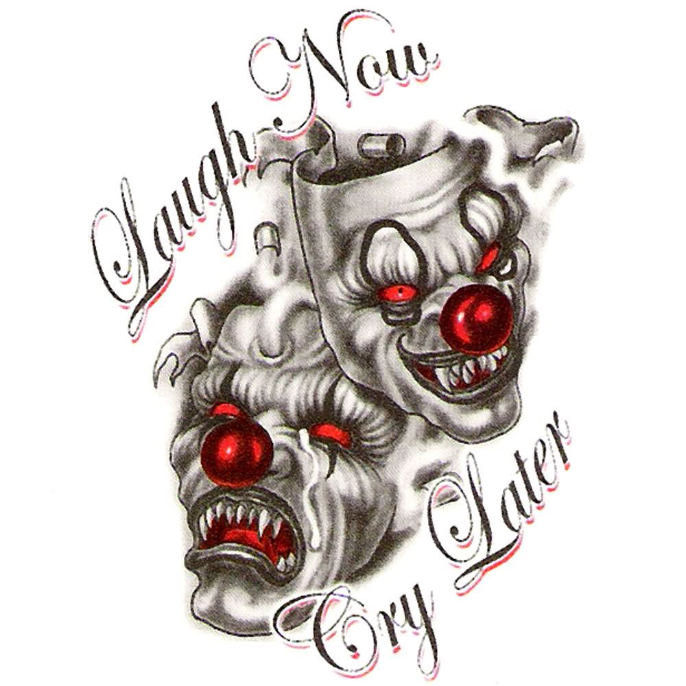 Laugh Now Cry Later - Horror Two Clown Mask Tattoo Design