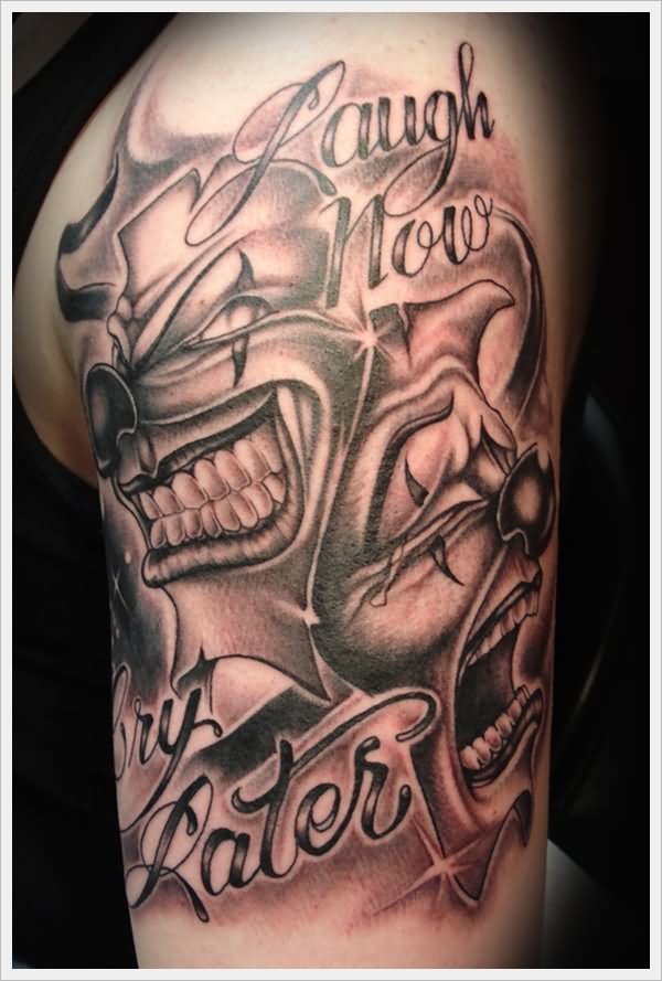 Laugh Now Cry Later - Two Clown Mask Tattoo Design For Half Sleeve
