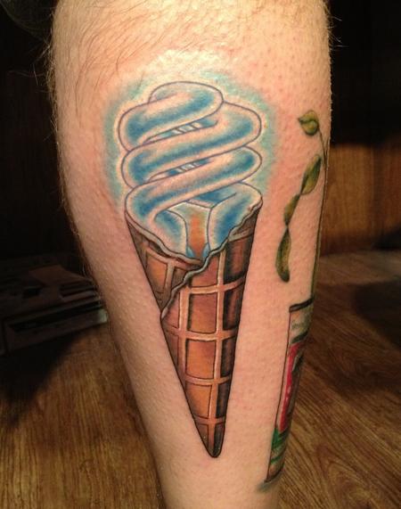 Light Bulb In Ice Cream Cone Tattoo On Leg By Sam Frederick