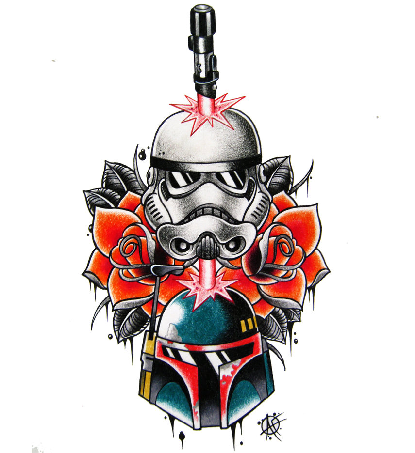 Lightsaber In Star War Soldier Mask With Flower Tattoo Design