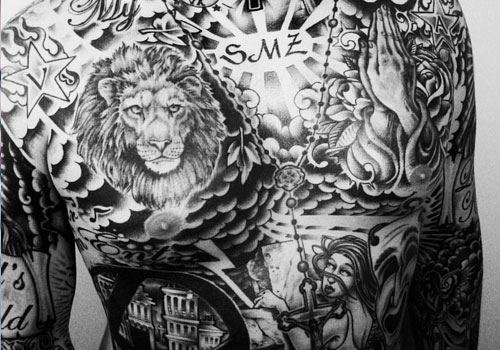 Lion Head And Praying Hands Tattoo On Full Body