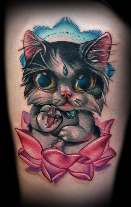 Lotus Flower And Grey Cat Tattoo Design