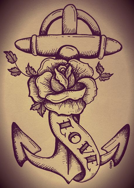 Love Banner With Anchor And Rose Tattoo Design