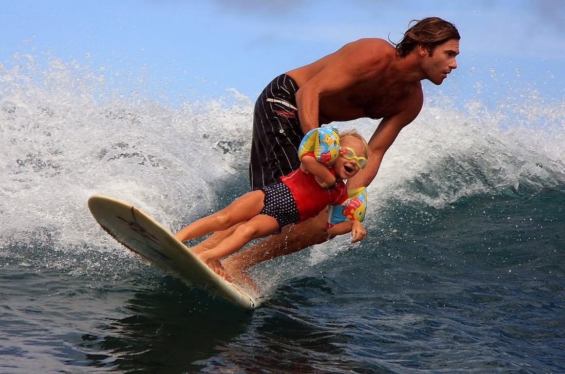 Man With Baby Funny Surfing Picture