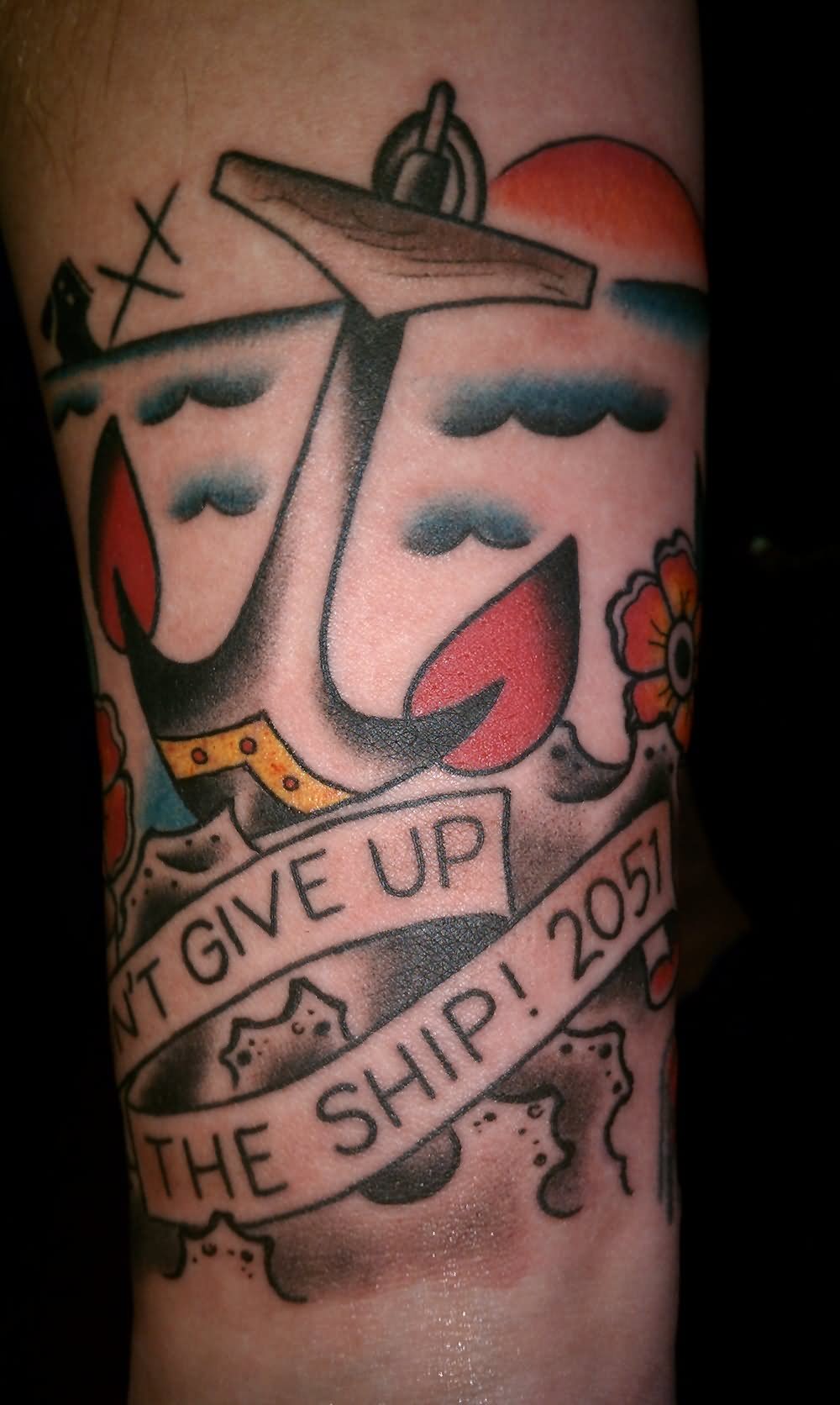 Memorial Banner and Anchor Tattoo On Arm Sleeve