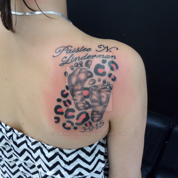 Memorial Feet Print Tattoo On Girl Right Back Shoulder By Kevin
