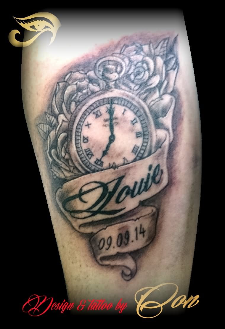 Memorial Pocket Watch Roses And Banner Tattoo Design