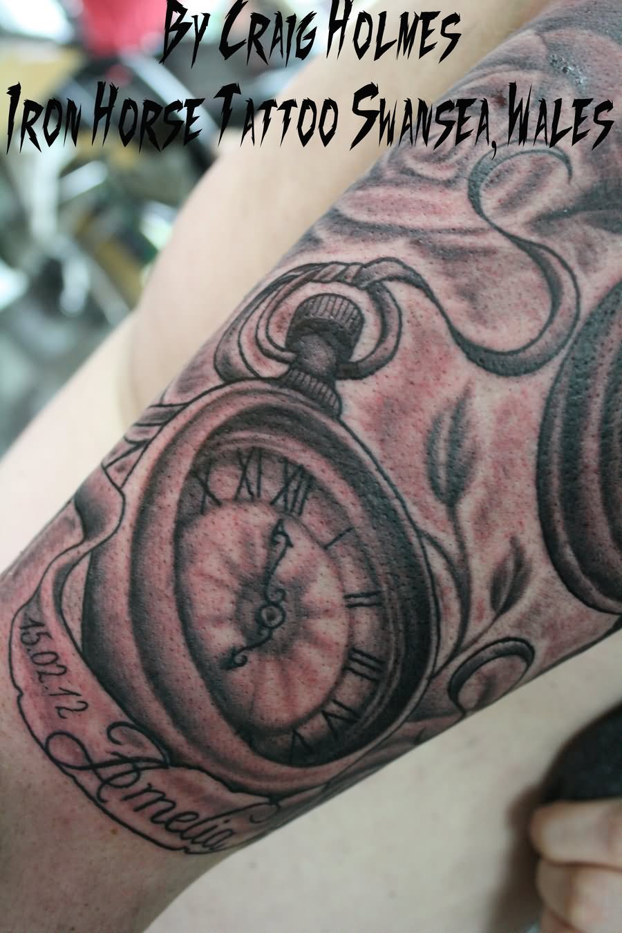 Memorial Pocket Watch With Banner Tattoo Design For Arm