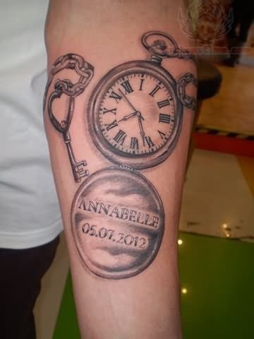 Memorial Pocket Watch With Key Tattoo On Forearm