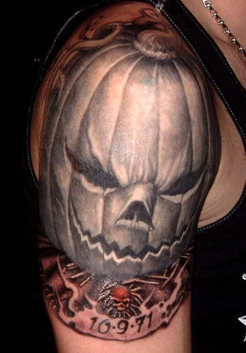 Memorial Realistic Pumpkin Tattoo On Right Half Sleeve