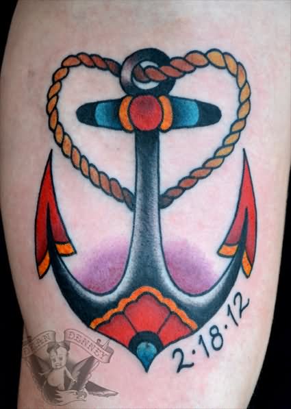 Memorial Traditional Anchor Tattoo On Bicep