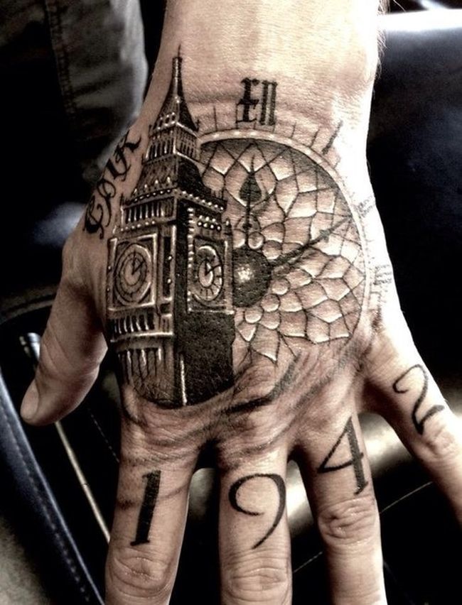 Memorial Watch With Clock Tower Tattoo Hand