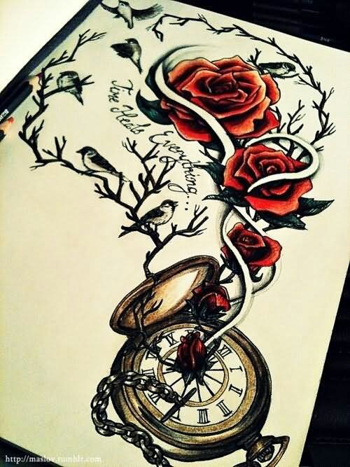 Mind Blowing Pocket Watch With Roses And Birds Tattoo Design