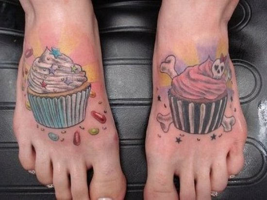 Mind Blowing Two Cupcake Tattoo On Feet