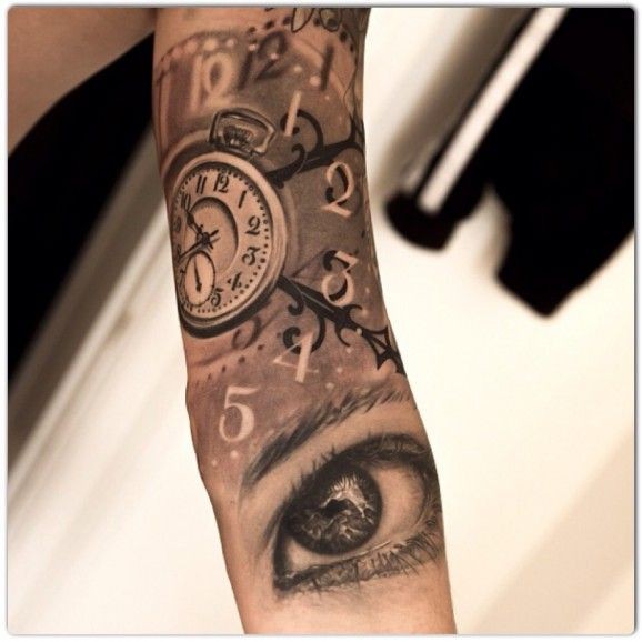 Mind Blowing Watch With With Eye Tattoo Design For Full Sleeve