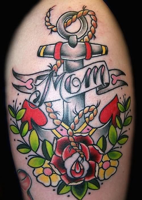 Mom Banner With Traditional Anchor Tattoo Design On Shoulder
