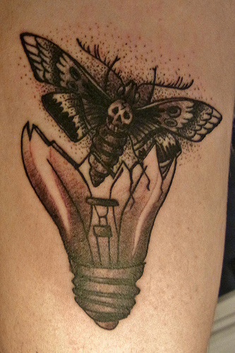 Moth Flying From Bulb Tattoo