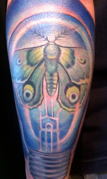 Moth In Bulb Tattoo On Arm Sleeve by Mike Boissoneault