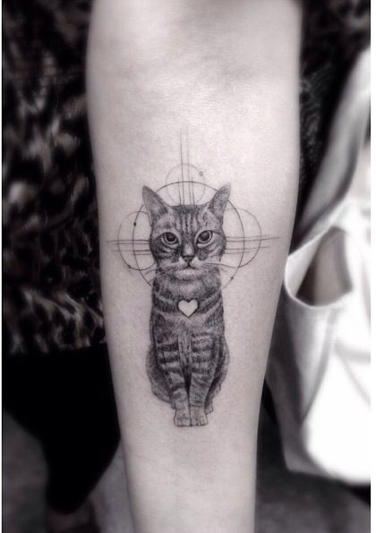 Nice Grey Cat Tattoo On Left Forearm