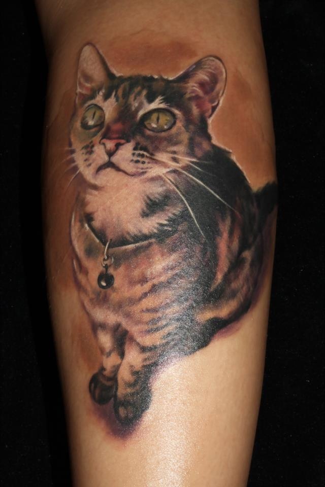 Nice Grey Ink Cat Tattoo On Back Leg