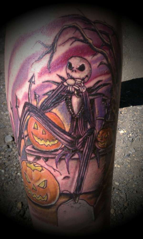 Nightmare And Pumpkin Tattoo On Leg