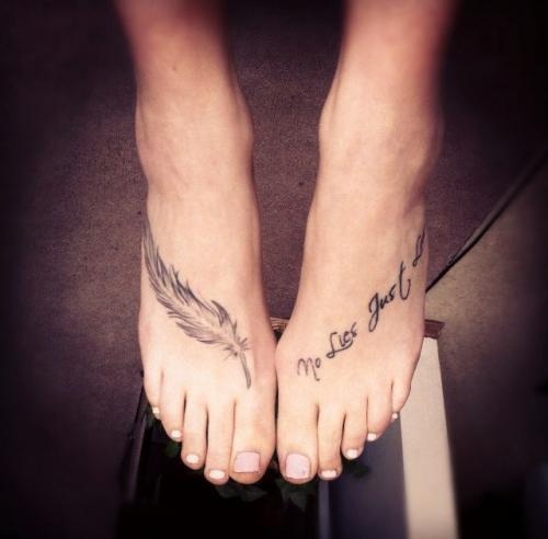 No Lies Just Love Lettering And Feather Tattoo On Feet