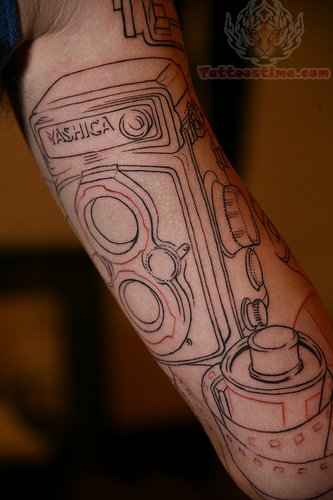 Old Movie Camera With Reel Tattoo Design For Half Sleeve