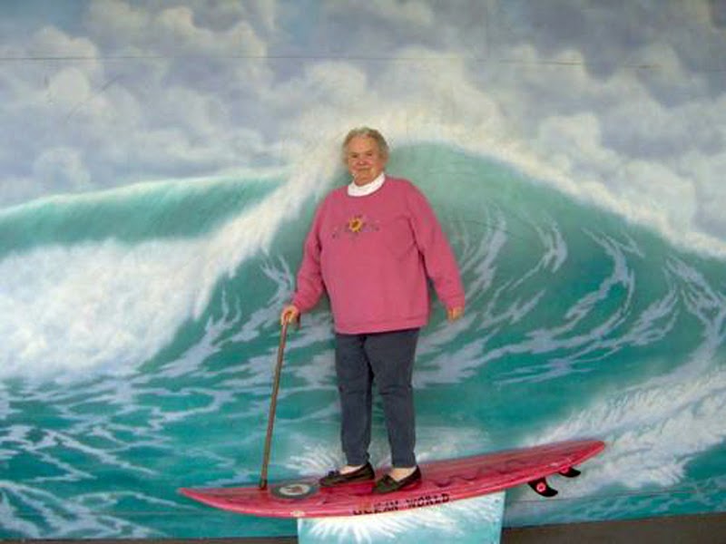 Old Woman With Stick On Surfing Board Funny Photoshoot Picture