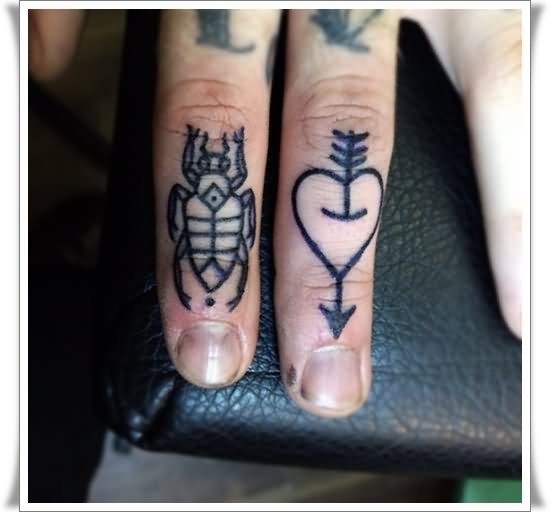Outline Bug And Ripped Heart Tattoos On Fingers